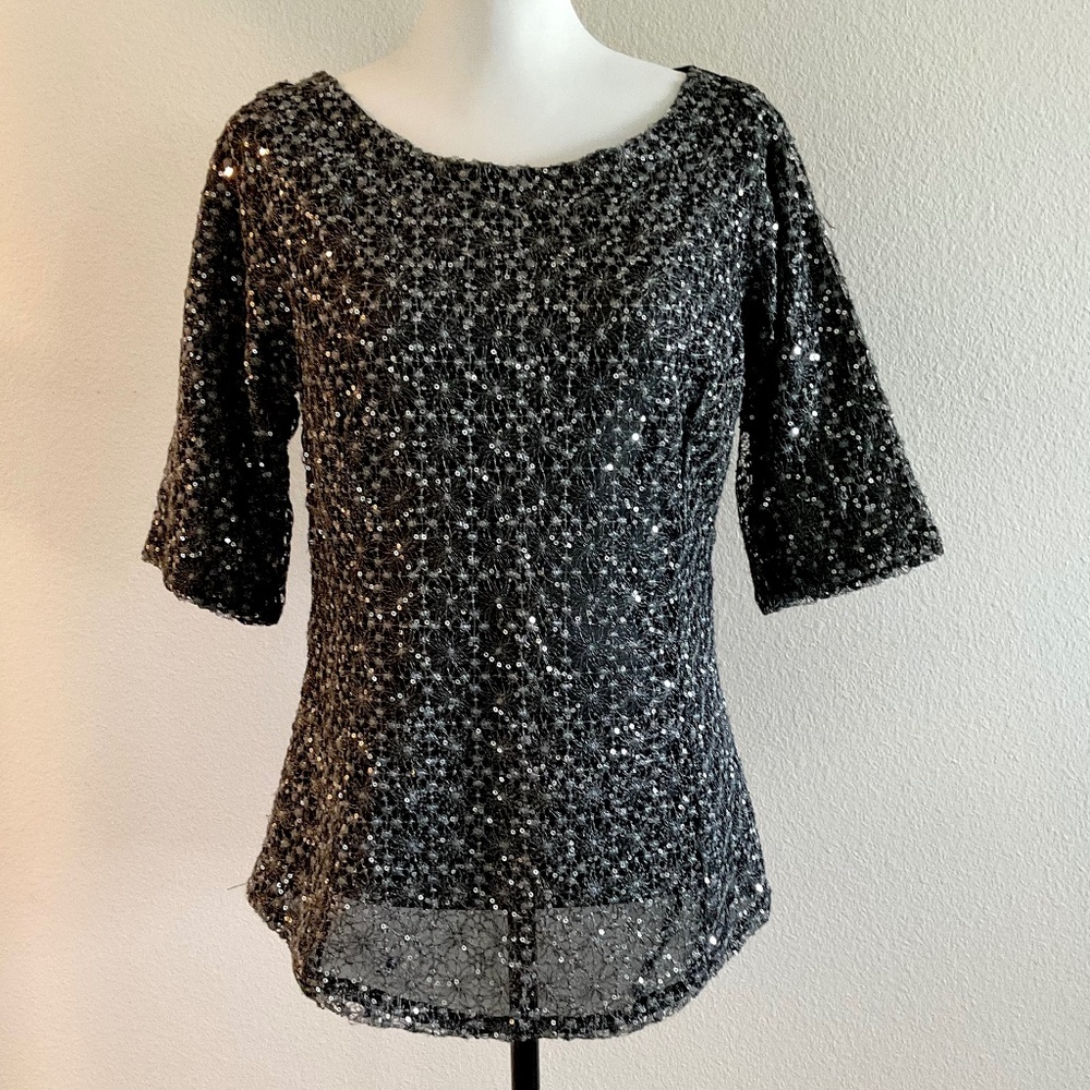 Banana Republic Top Black with Silver Sequins 3/4 Sleeves Size 10